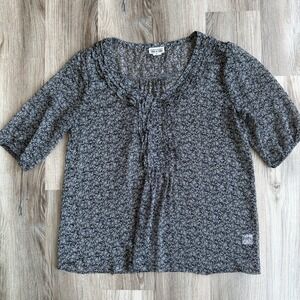 Y2K Converse One Star Sheer Chiffon Blouse Half Sleeve Shirt XL‎ Black Floral